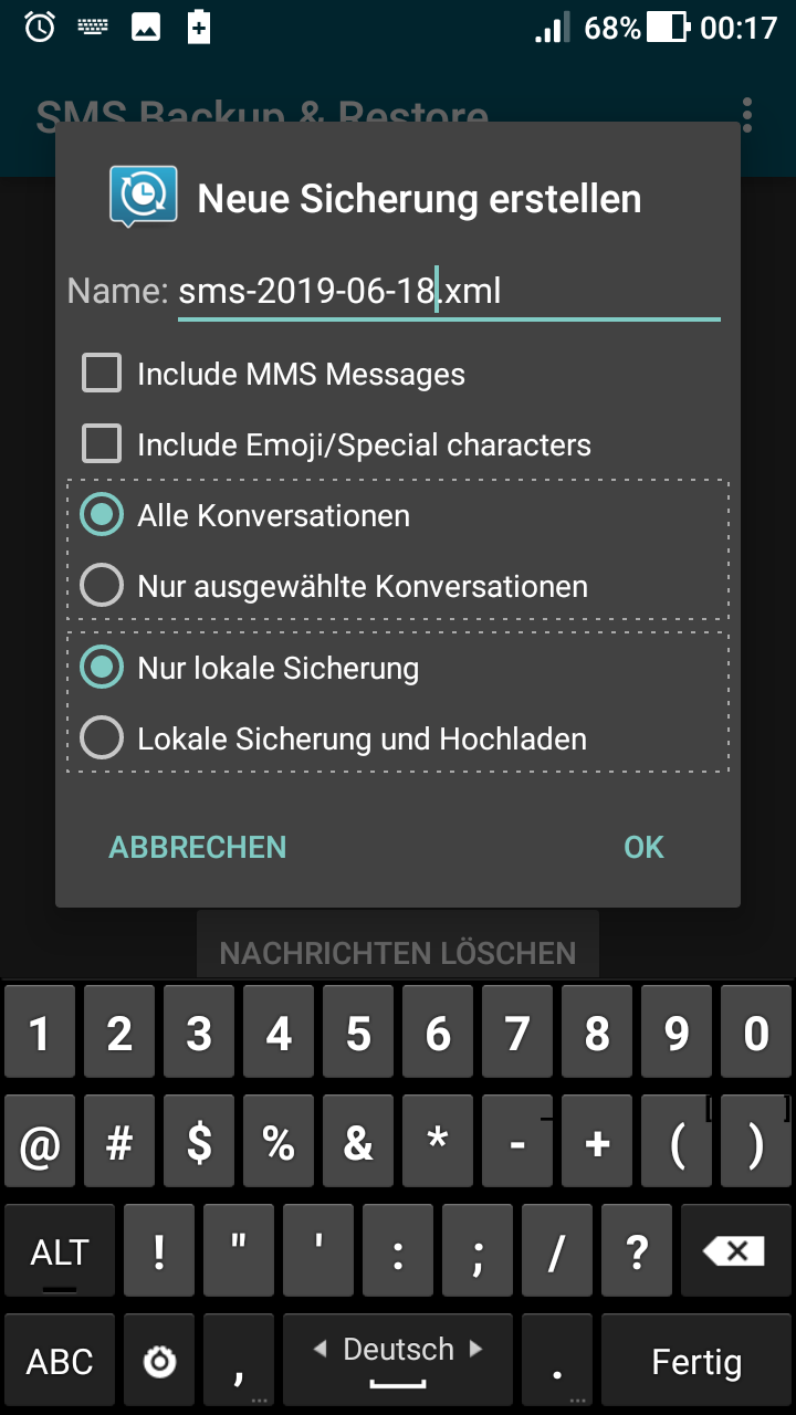 SMS via smsBackupRestore sichern